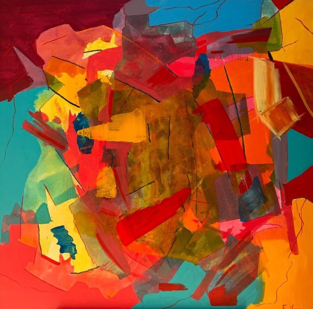 ALEGRE, colorful abstract acrylic painting by Eiwie Yonora in red, orange, turquoise and green.